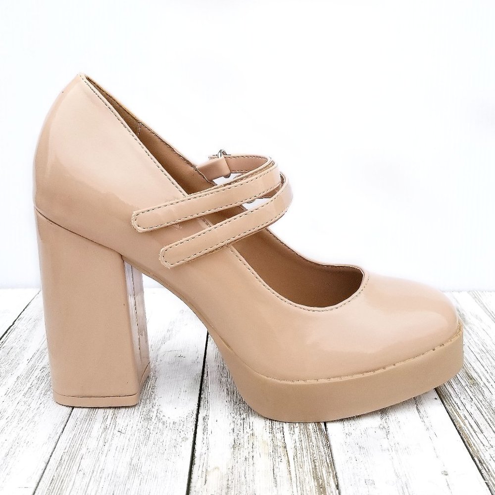 Nude Beige Mary Jane Platform Chunky Heel Pumps